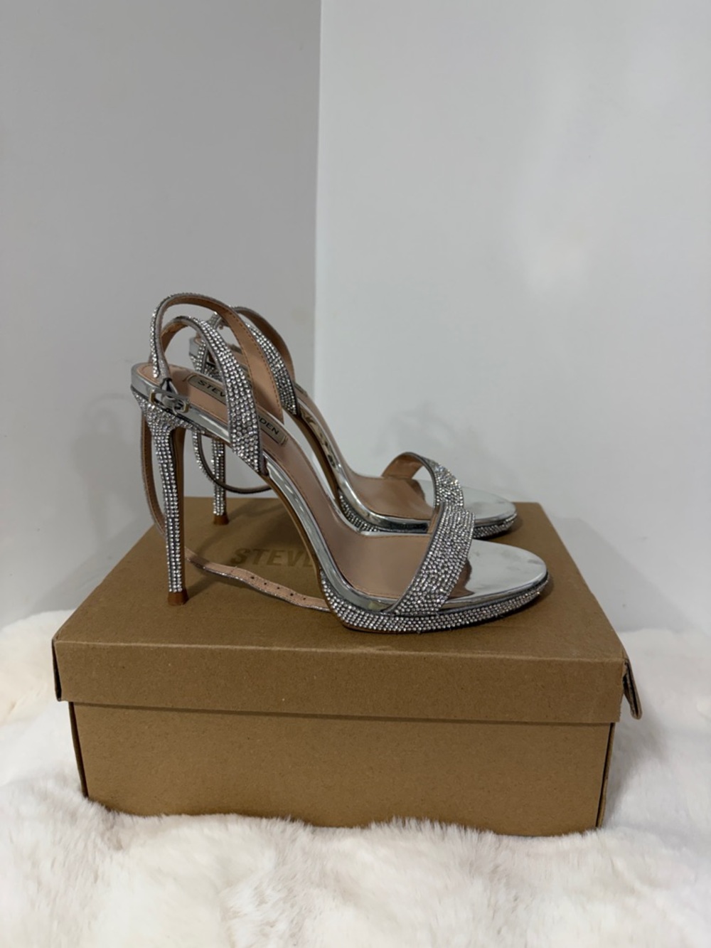 Steve Madden Silver Crystal Strappy Stiletto Sandals